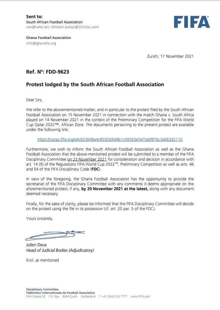 FIFA's response to South Africa's complaint over match against Ghana