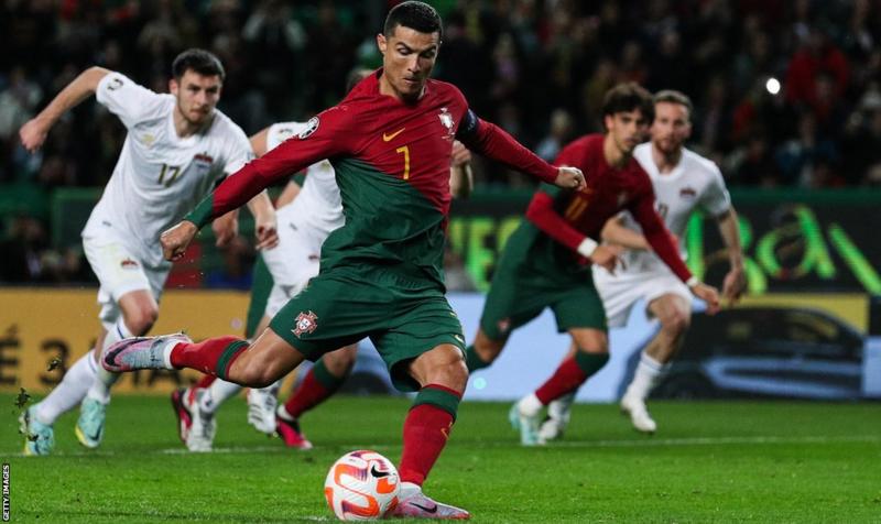 Ronaldo scores twice as he sets men’s cap record